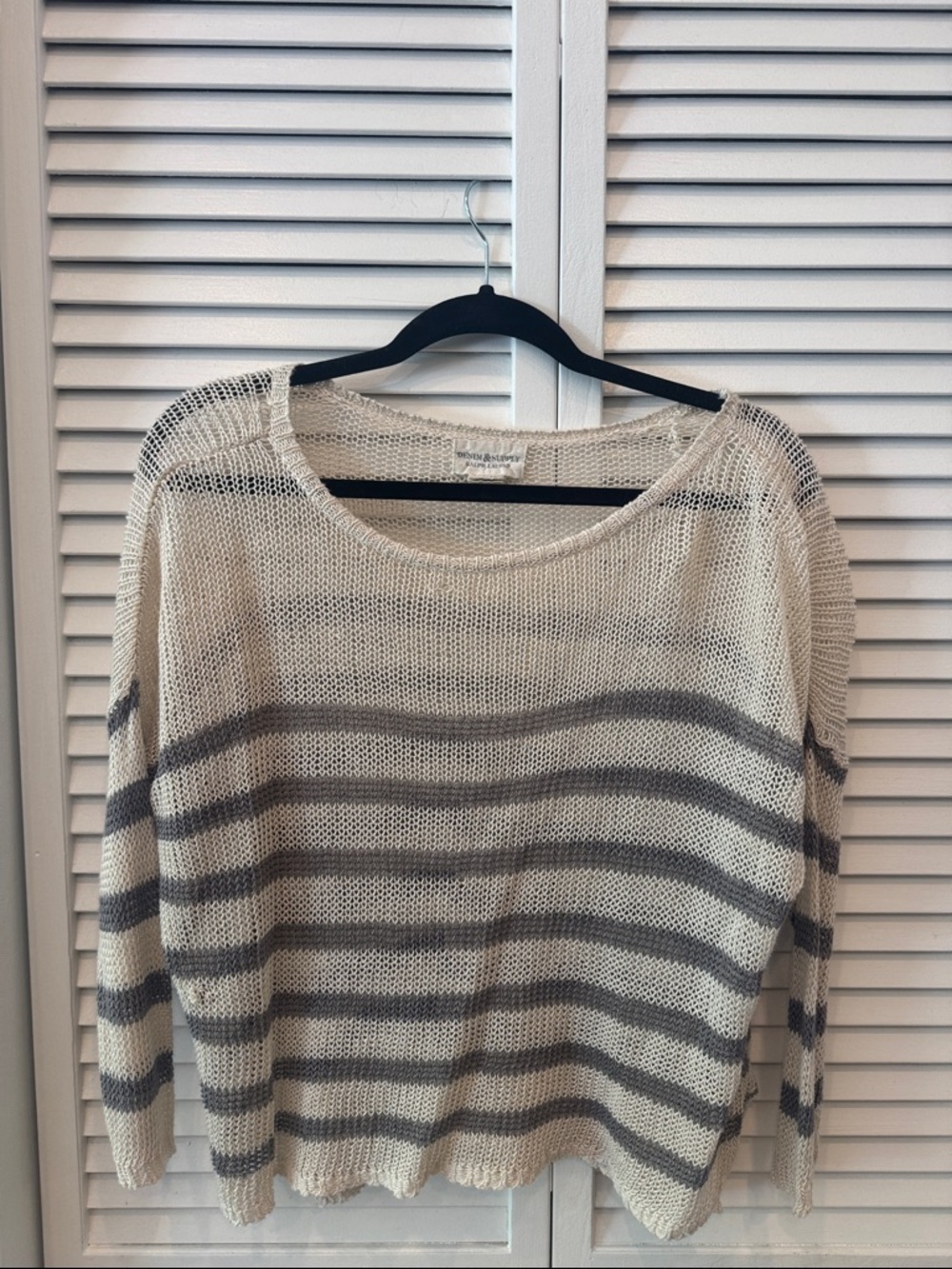 Ralph Lauren Cream and Gray Striped Open-Knit Crew Sweater